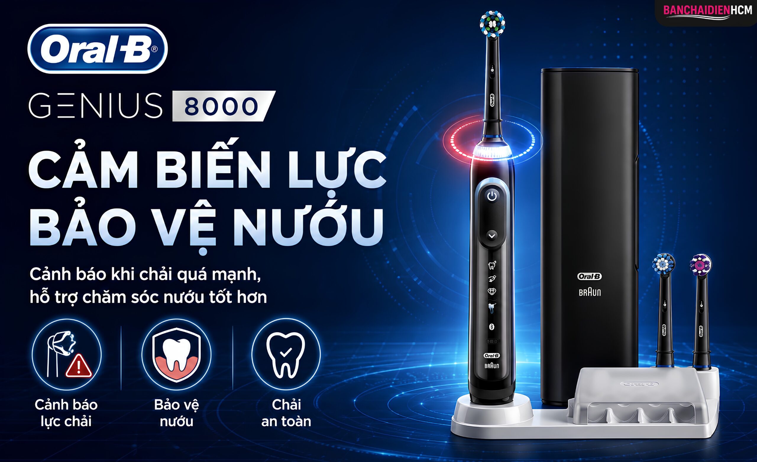 Cảm biến lực trên Oral-B Genius 8000 nhận biết khi người dùng ấn đầu bàn chải quá mạnh lên răng hoặc nướu