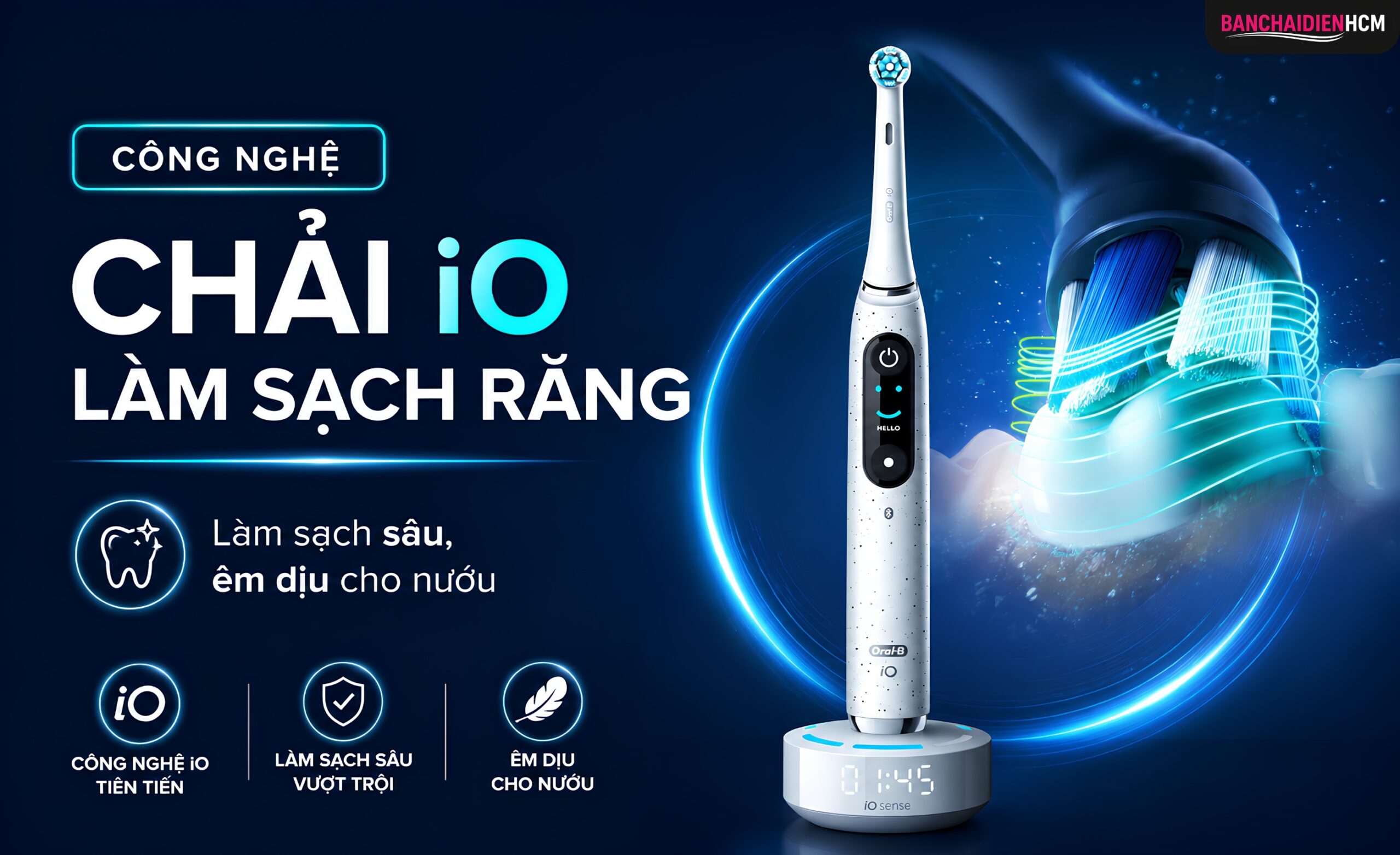Công nghệ iO sử dụng hệ truyền động từ tính để đưa năng lượng đến đầu chải, kết hợp đầu tròn lấy cảm hứng từ dụng cụ nha khoa với các rung động vi mô