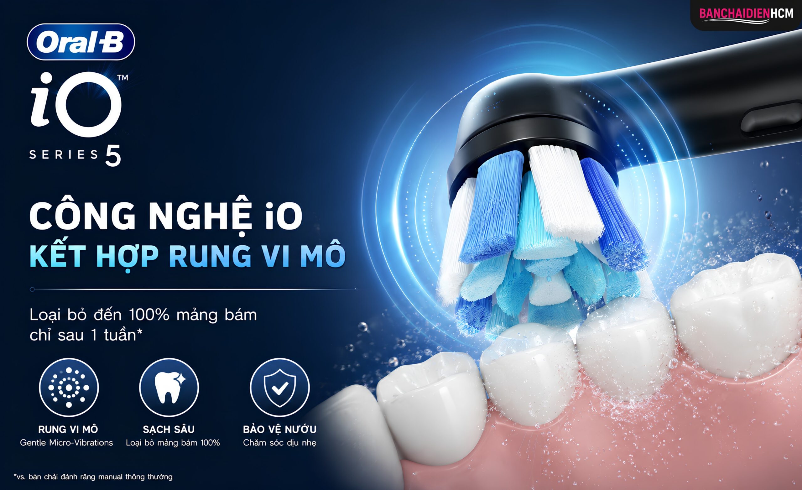 Công nghệ iO là nền tảng làm sạch chính trên Oral B iO Series 5, kết hợp chuyển động của đầu chải tròn với rung vi mô để hỗ trợ loại bỏ mảng bám hằng ngày