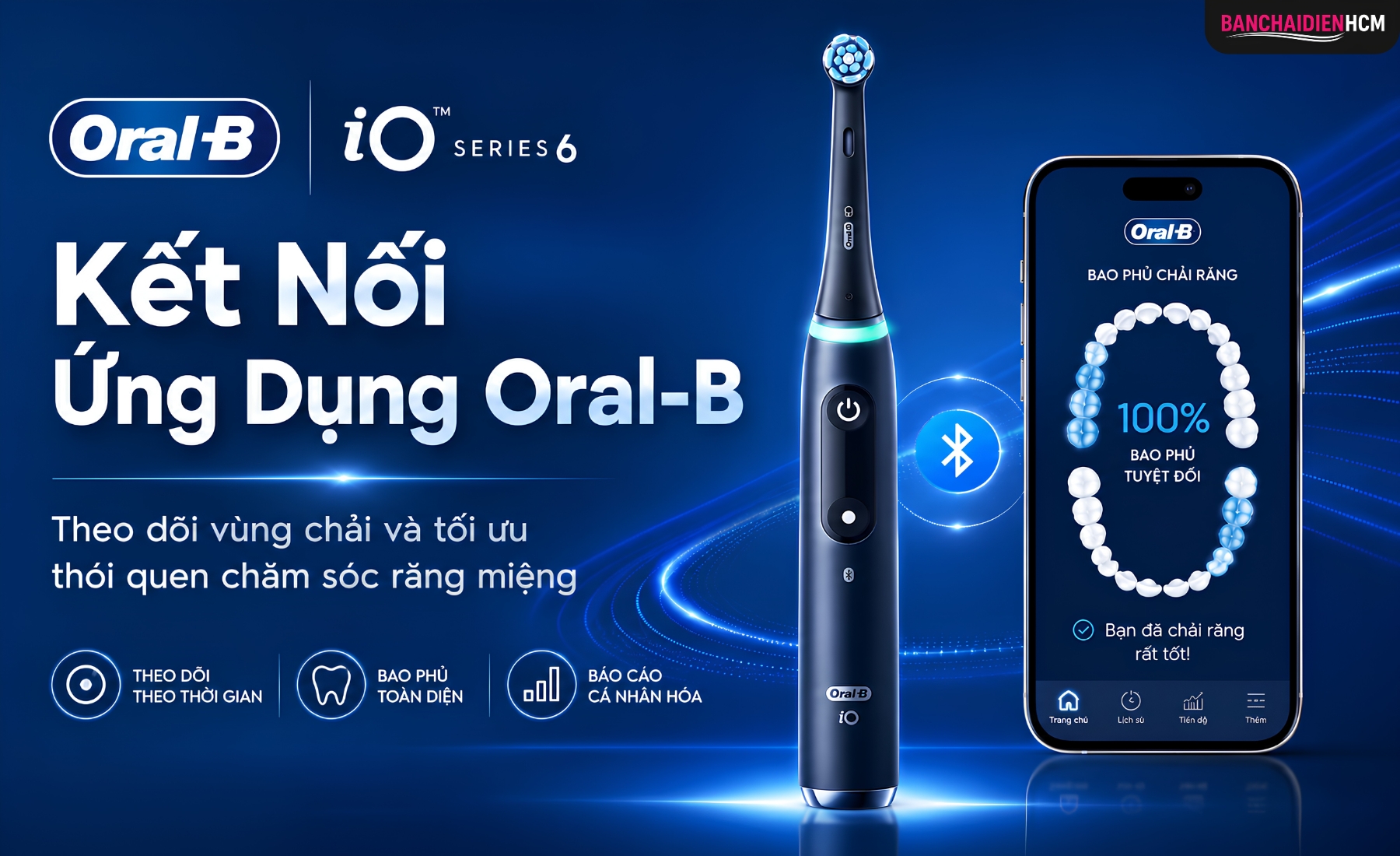 Oral B iO Series 6 kết nối với ứng dụng Oral B qua Bluetooth để theo dõi thói quen chải và hỗ trợ người dùng cải thiện thao tác hằng ngày