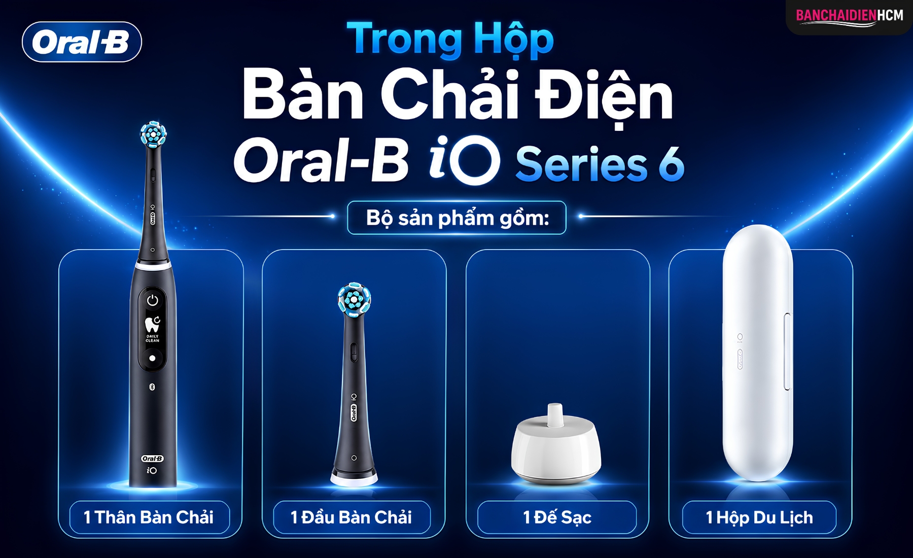 Bộ sản phẩm bàn chải điện Oral B iO Series 6 bao gồm: 1 thân bàn chải, 1 đầu bàn chải, 1 đế sạc và 1 hộp du lịch.