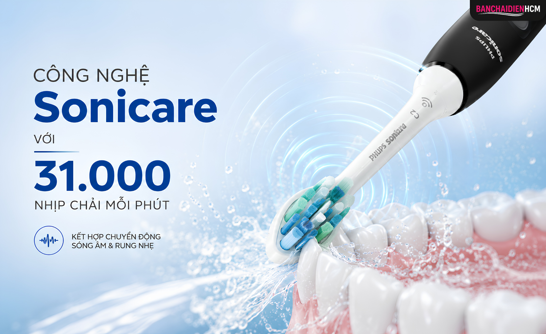 Công Nghệ Sonicare Với 31.000 Nhịp Chải Mỗi Phút Giúp Làm Sạch Hiệu Quả