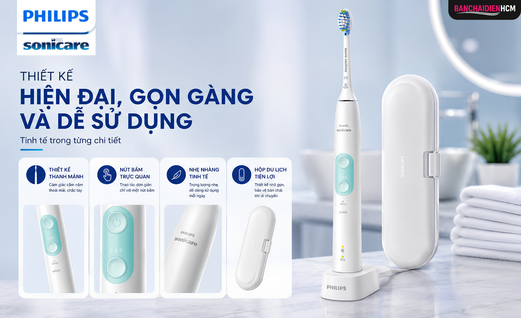 Philips Sonicare 4700 vẫn giữ thiết kế quen thuộc của dòng ProtectiveClean với kiểu dáng thanh mảnh, hiện đại và dễ cầm nắm