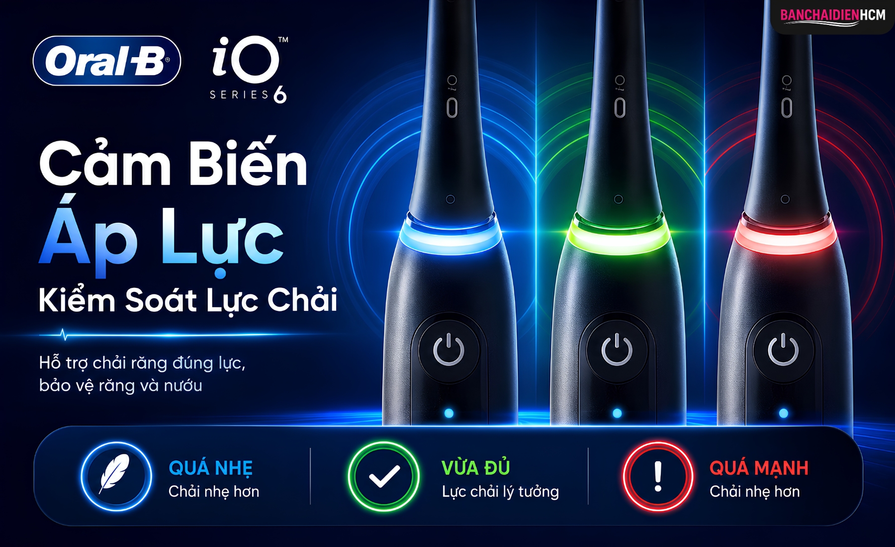 Smart Pressure Sensor trên Oral B iO Series 6 hiển thị tín hiệu màu để người dùng biết mình đang chải quá mạnh, quá nhẹ hoặc đúng lực