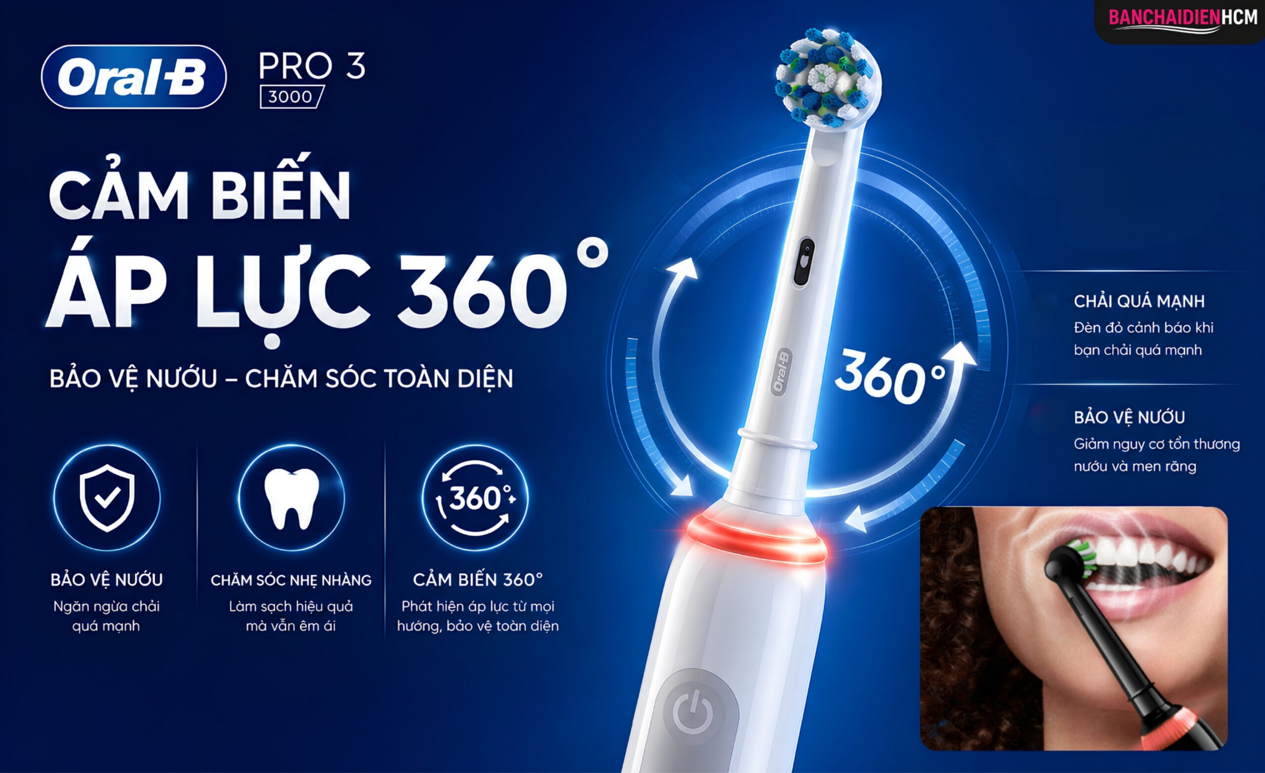 Cảm biến áp lực cảnh báo khi bạn chải quá mạnh, giúp tránh tụt nướu và mòn men răng