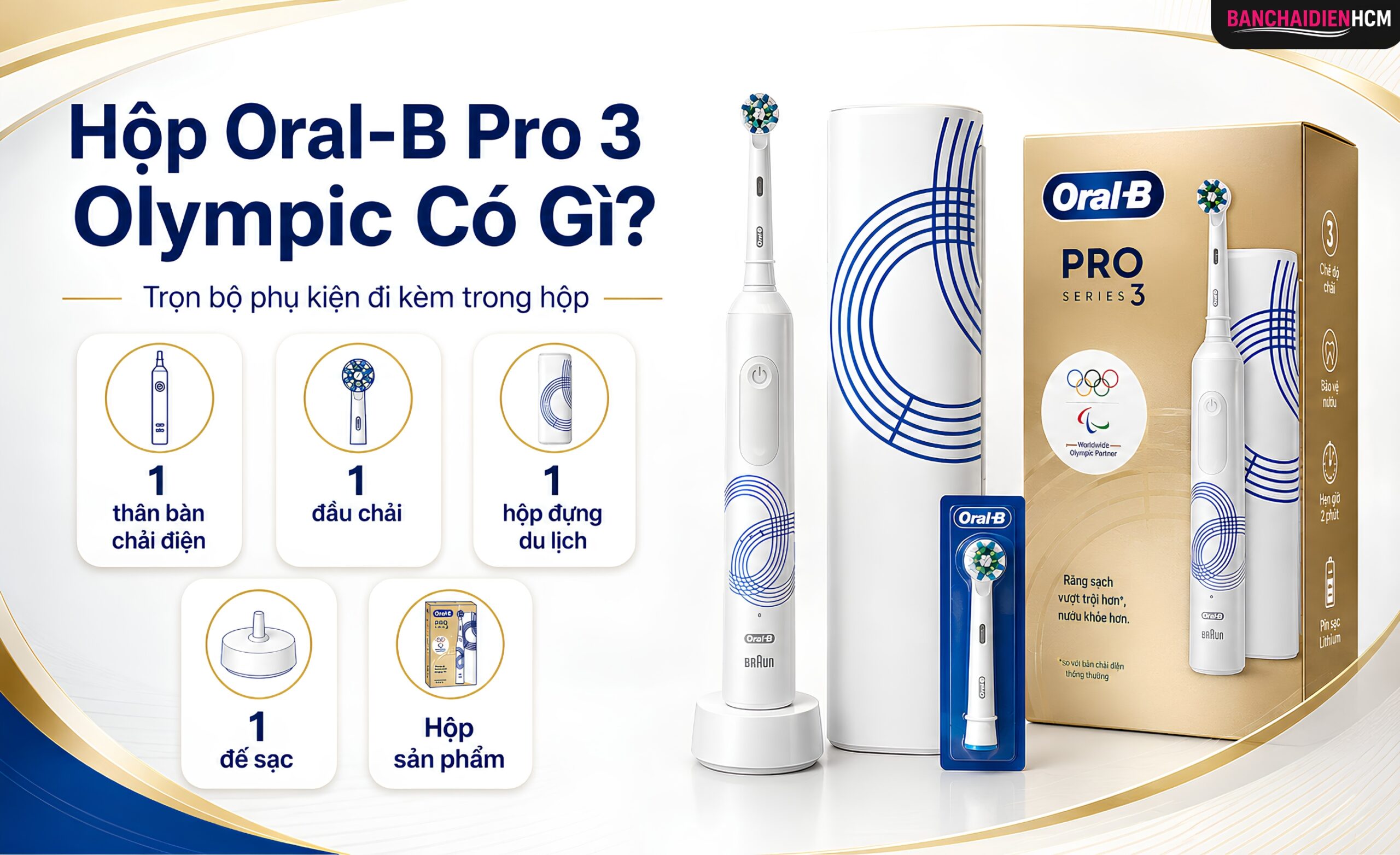 Trong hộp Oral-B Pro 3 Olympic có 1 thân bàn chải, 1 đầu bàn chải, 1 hộp đựng du lịch và 1 đế sạc