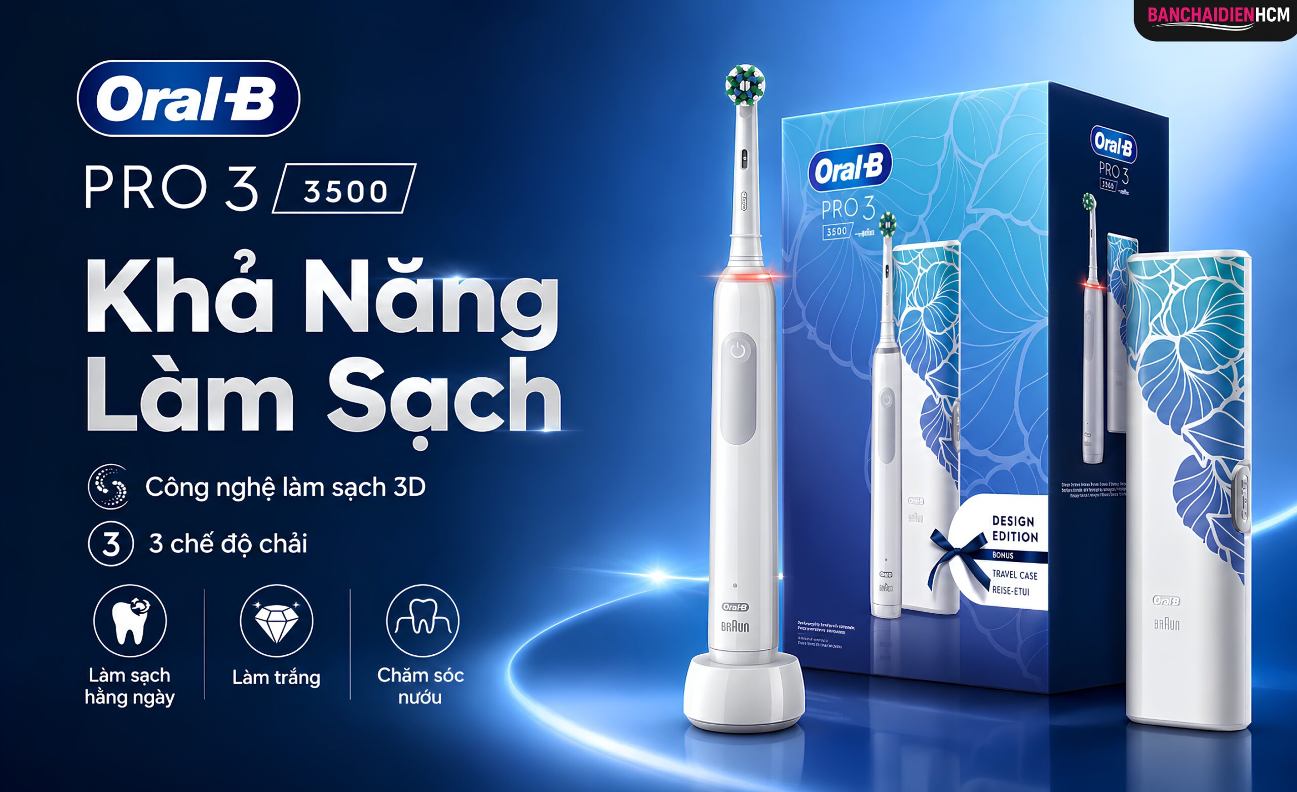 Oral B Pro 3 3500 làm sạch bằng công nghệ 3D, kết hợp chuyển động quay, đảo chiều và xung rung của đầu chải tròn