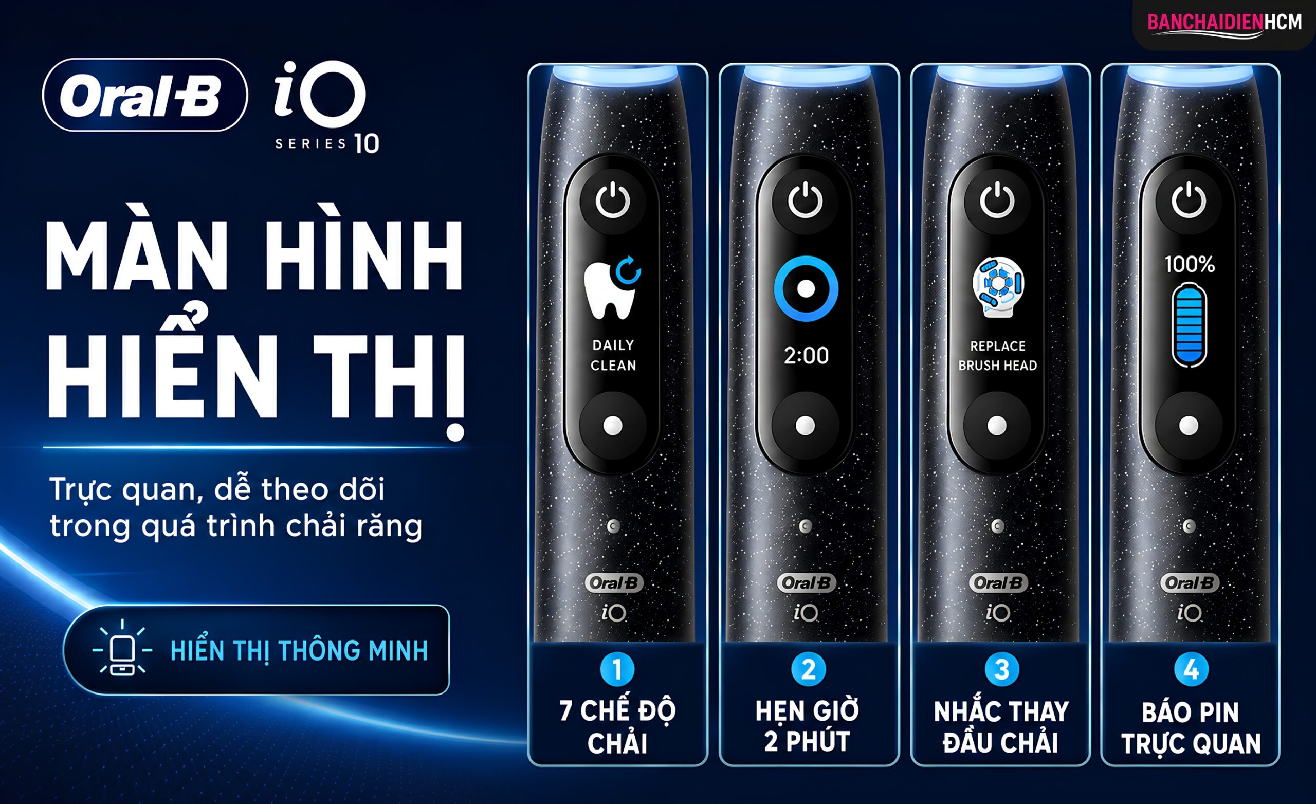 Màn hình hiển thị trực quan chế độ chải, hẹn giờ 2 phút, nhắc thay đầu chải, báo pin