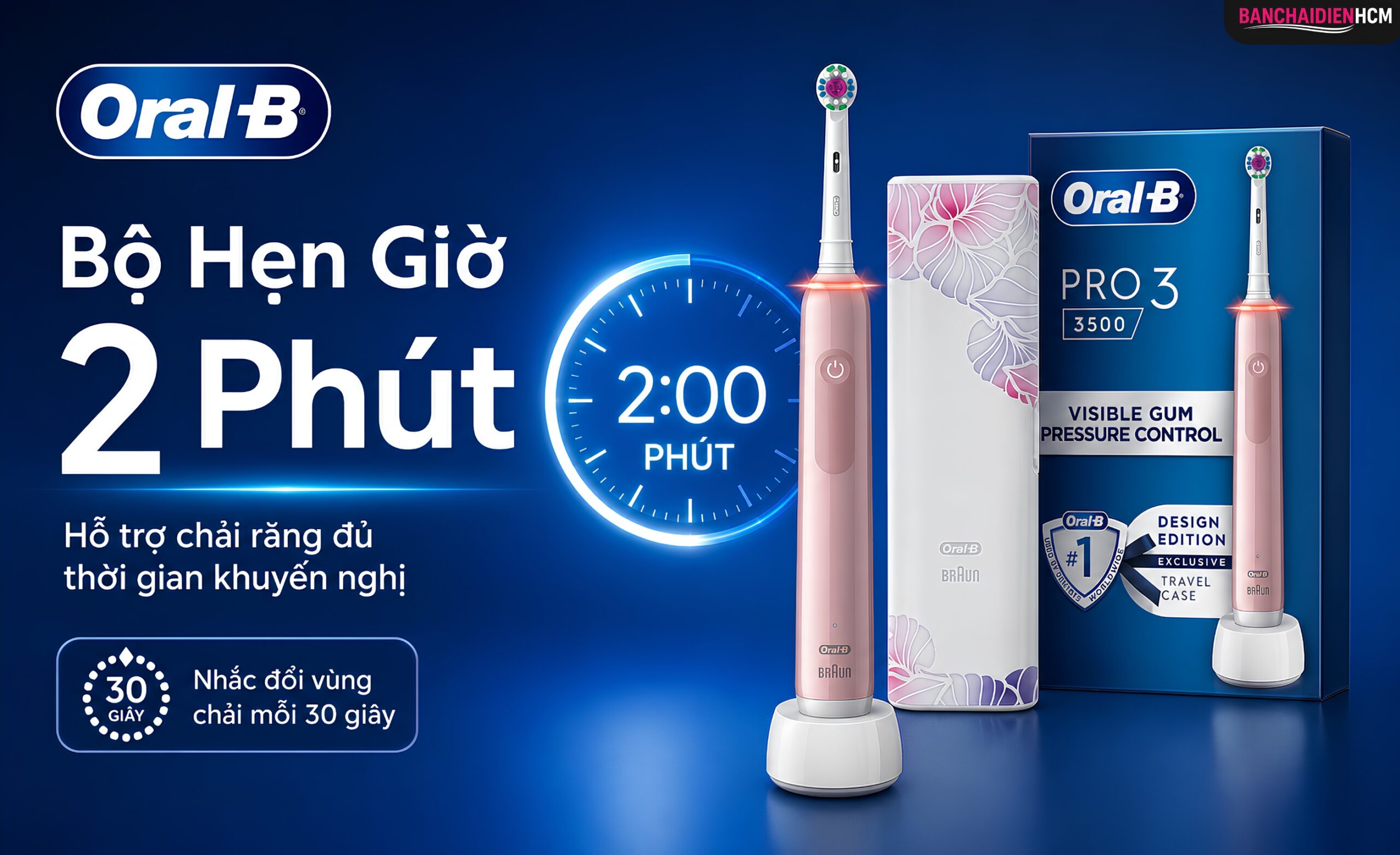 Bộ hẹn giờ chia phiên chải thành hai phút và nhắc bạn đổi vùng răng mỗi 30 giây