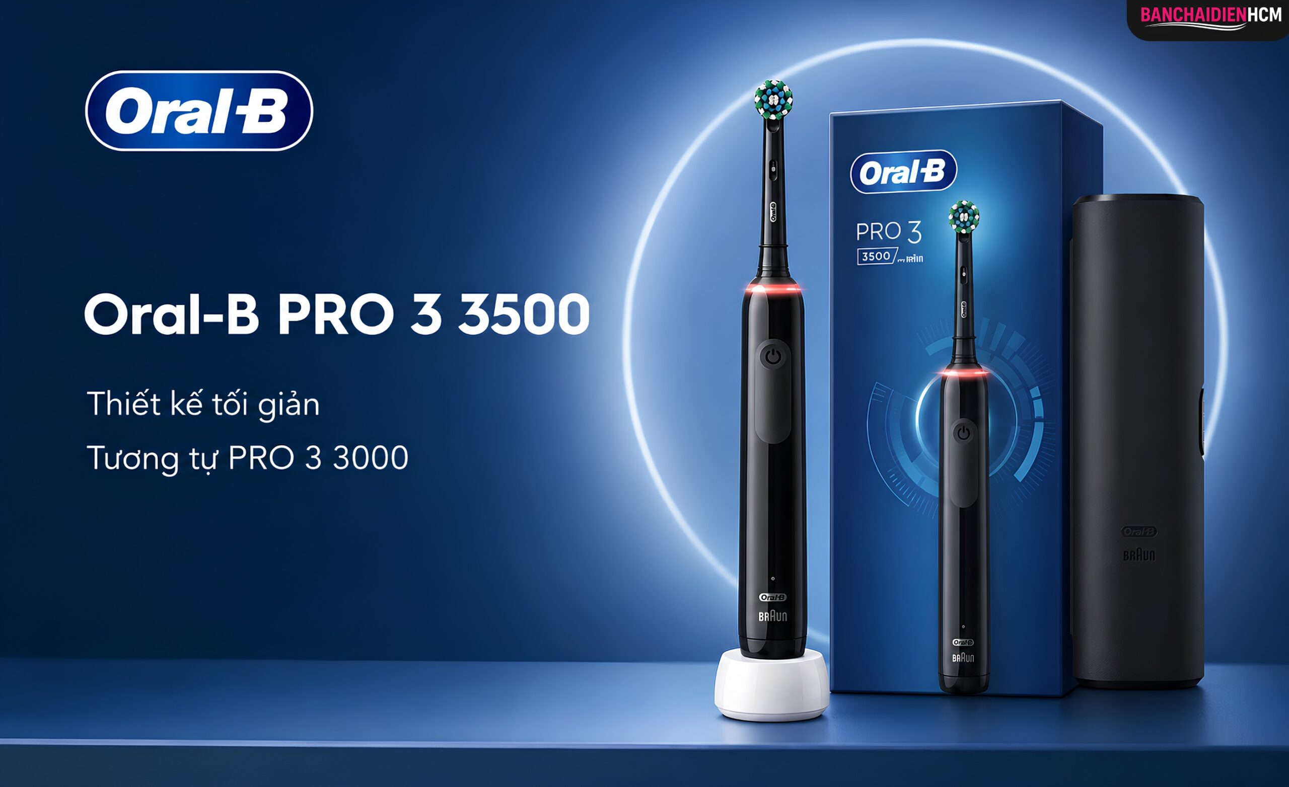 Oral B Pro 3 3500 mang kiểu dáng thân trụ tối giản, vỏ nhựa bóng kết hợp dải cao su chống trượt ở mặt trước để cầm chắc khi tay ướt