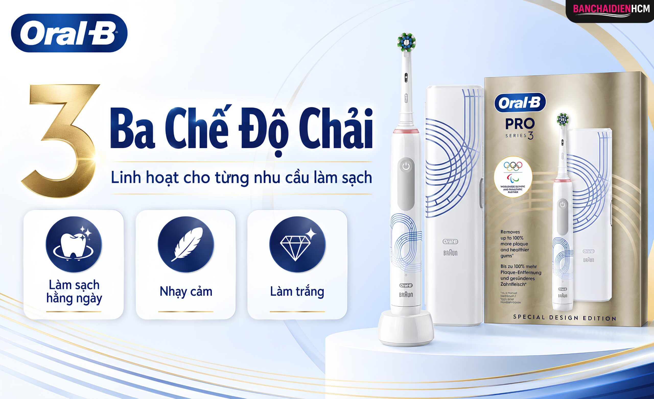 Oral-B Pro 3 3000 có ba chế độ gồm Daily Clean, Whitening và Sensitive
