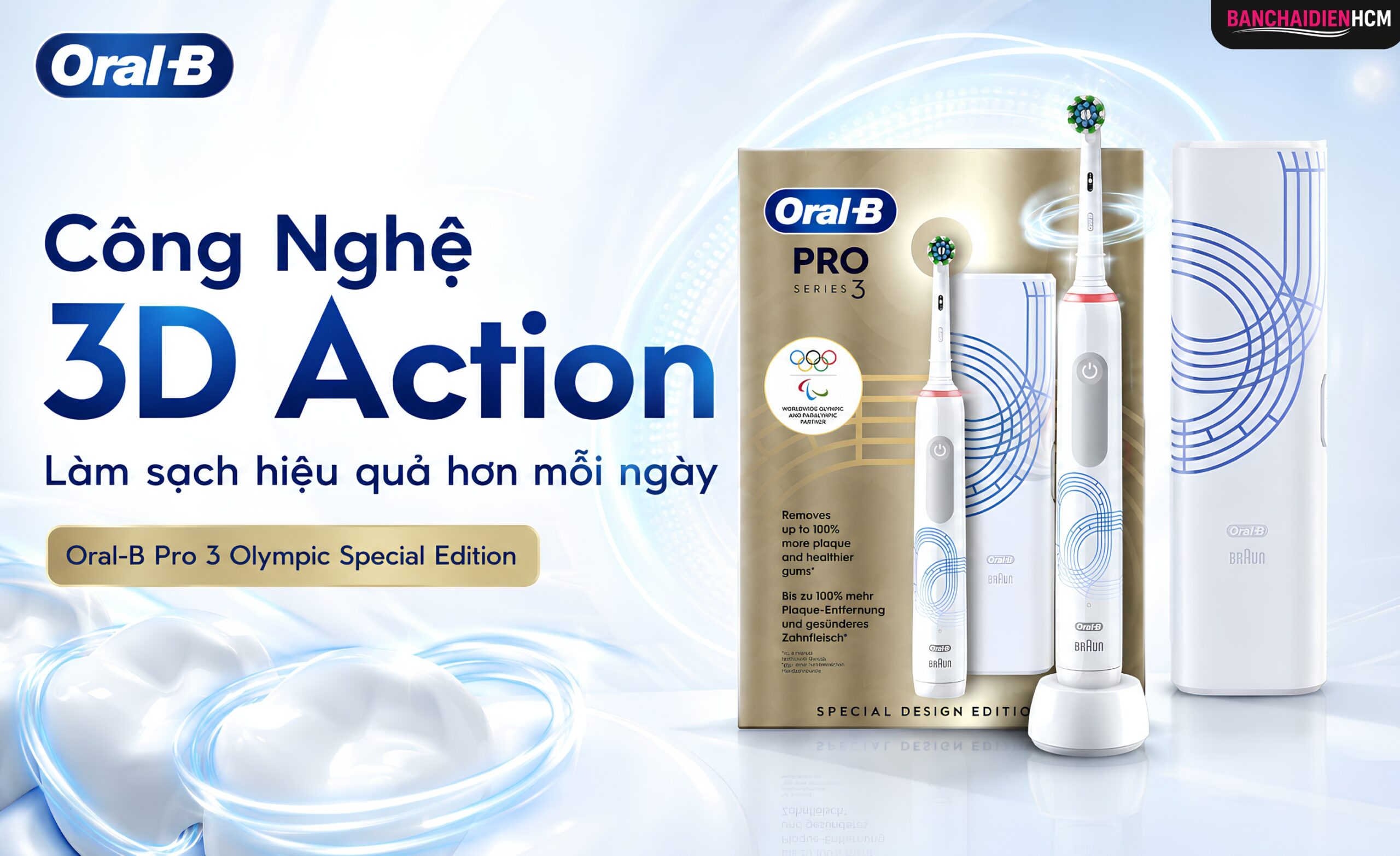 Công nghệ làm sạch 3D của Oral-B Pro 3 kết hợp các chuyển động dao động, xoay và xung nhịp nhằm phá vỡ mảng bám rồi đưa chúng ra khỏi bề mặt răng