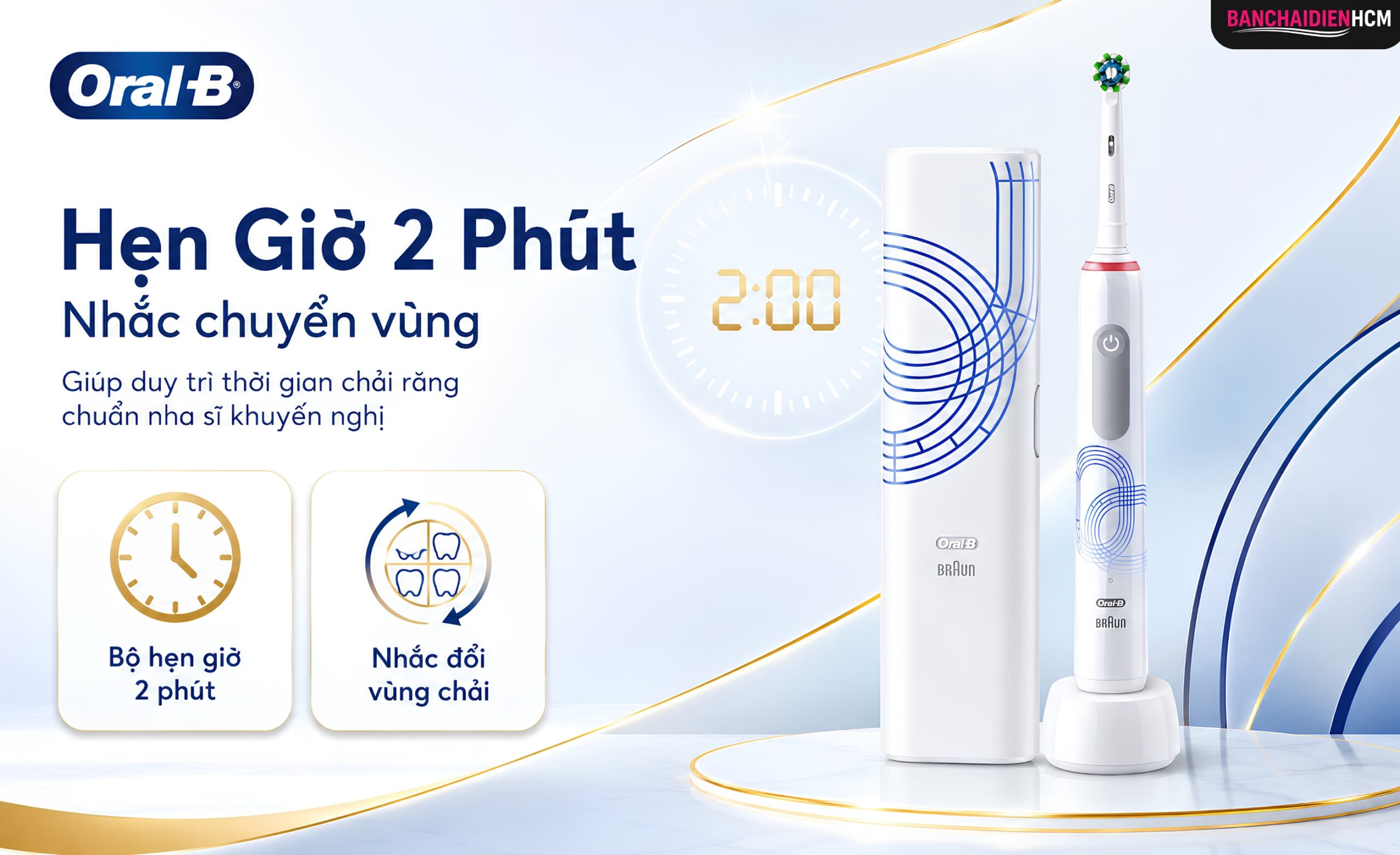 Bộ hẹn giờ 2 phút và nhắc chuyển vùng giúp chải răng chuẩn nha khoa