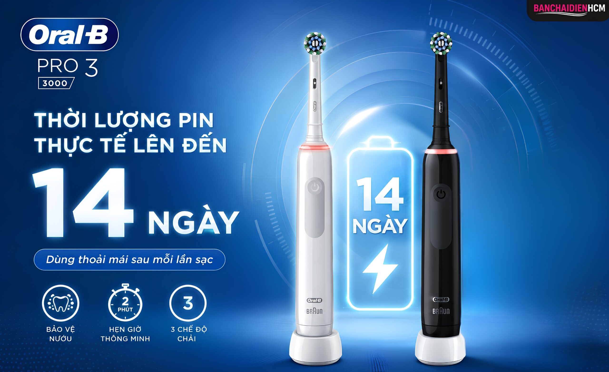 Pin Lithium-ion của Pro 3 3000 dùng được tới khoảng 14 ngày theo công bố của Oral-B