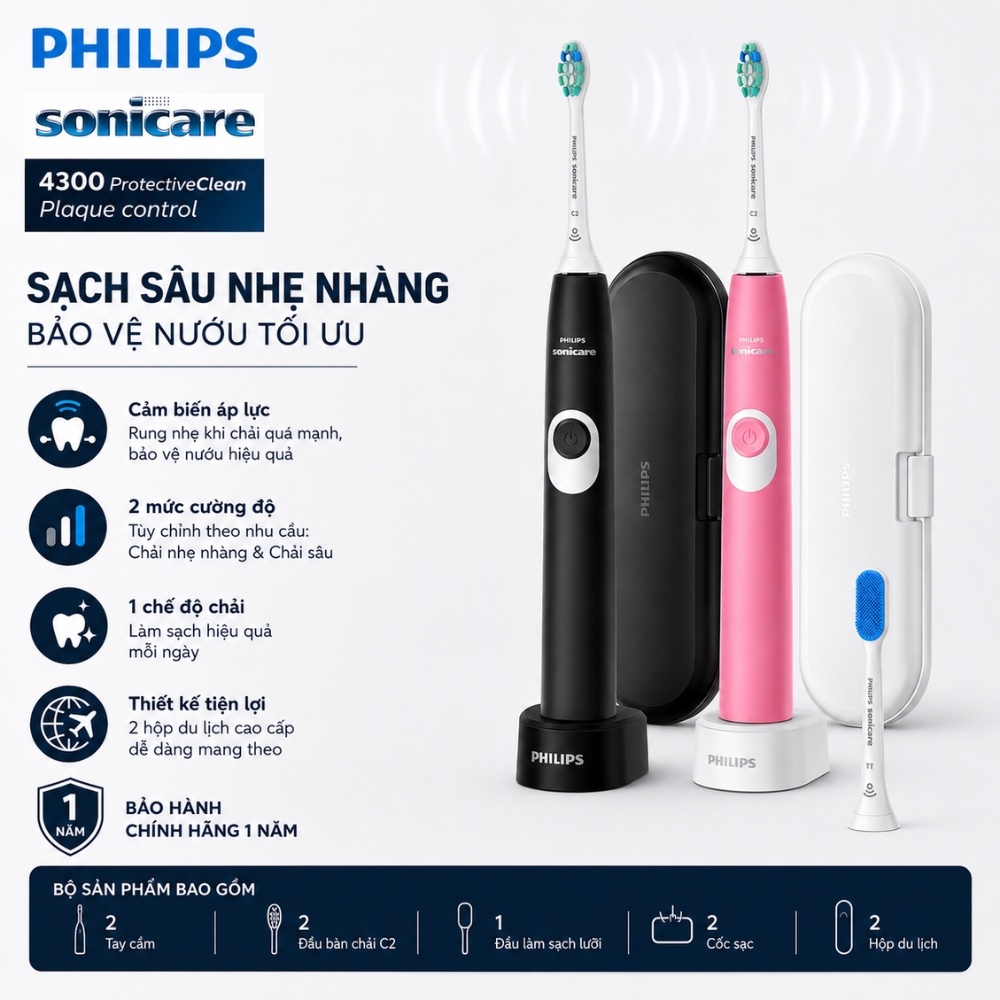 Set 2 bàn chải điện Philips 4300 Chính Hãng
