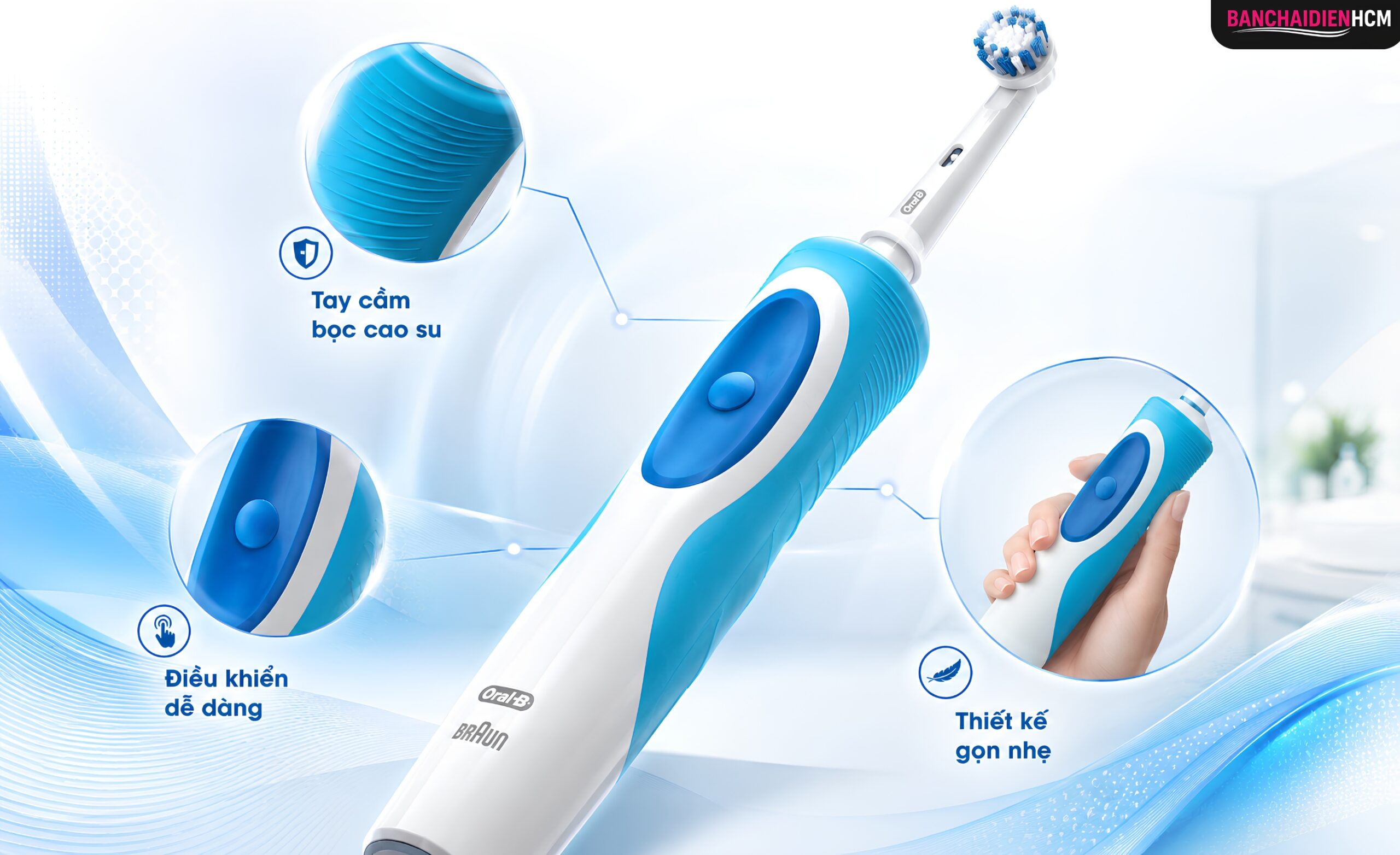 Oral-B Vitality có thiết kế thân trụ nhỏ gọn, đầu chải tròn nhỏ và tay cầm bọc cao su nhám để cầm chắc cả khi tay ướt