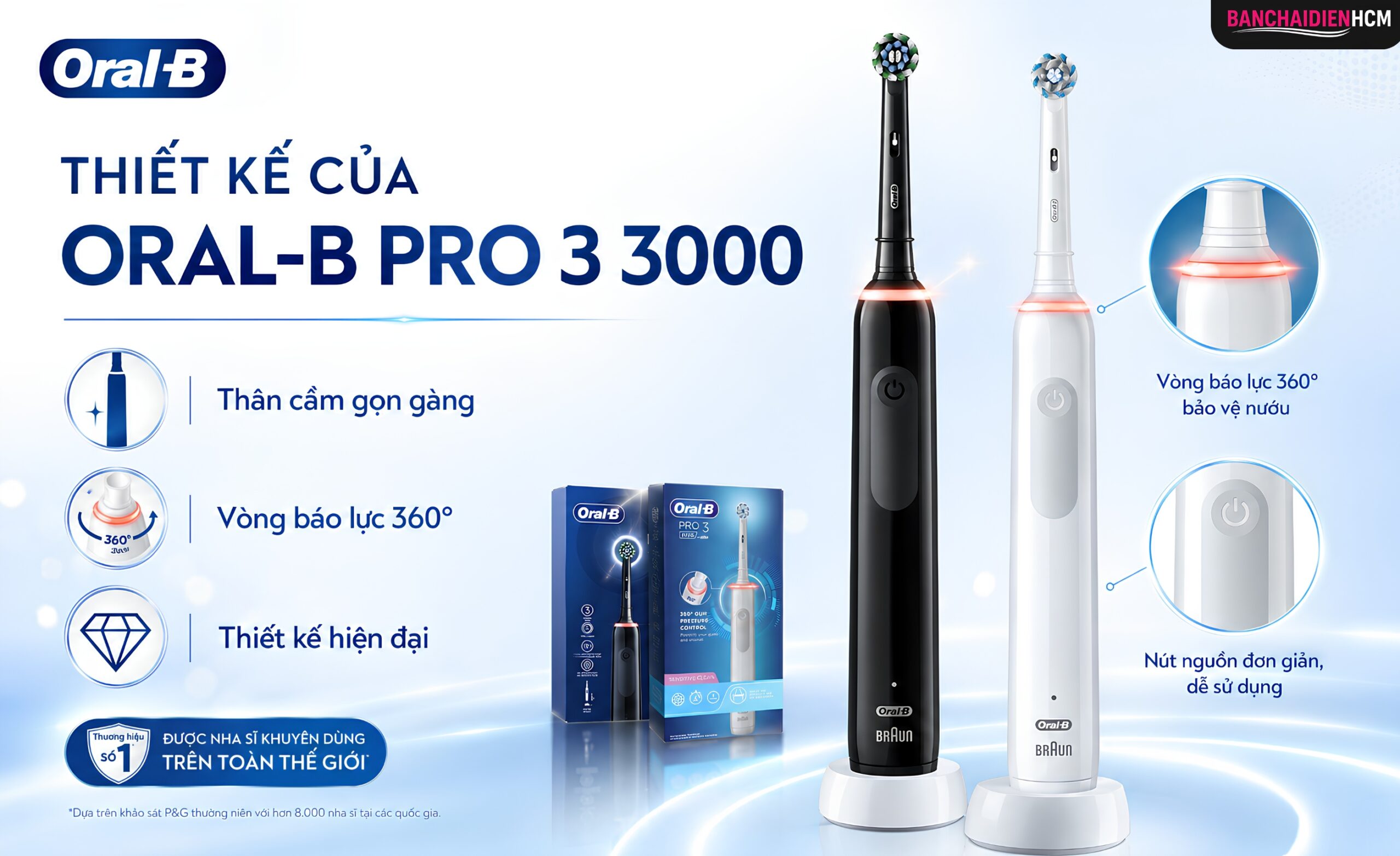 Oral B Pro 3 3000 mang kiểu dáng thân trụ tối giản, vỏ nhựa bóng kết hợp dải cao su chống trượt ở mặt trước để cầm chắc khi tay ướt