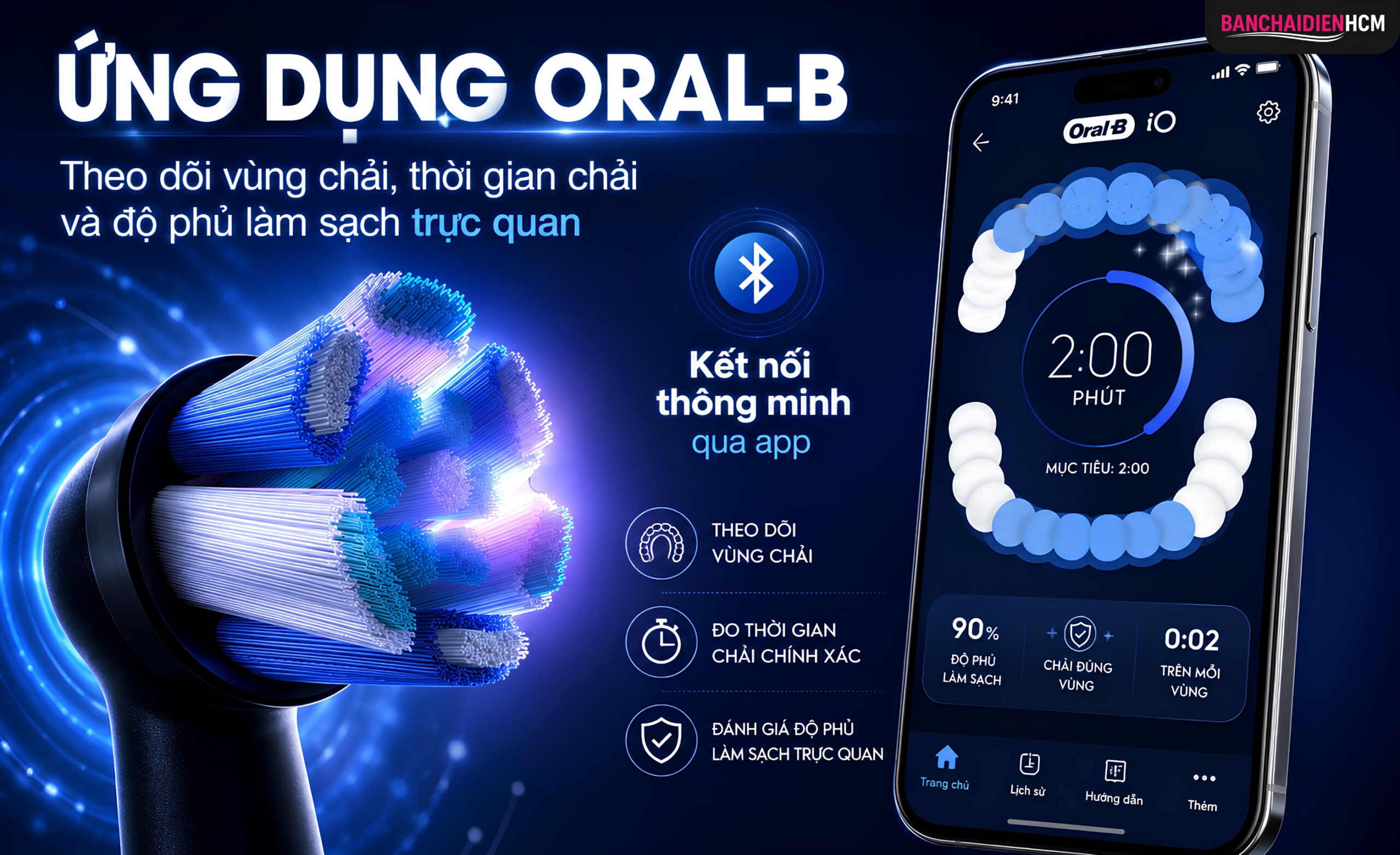 Oral B iO Series 10 kết nối với ứng dụng Oral B bằng Bluetooth để ghi nhận và phân tích thói quen chải