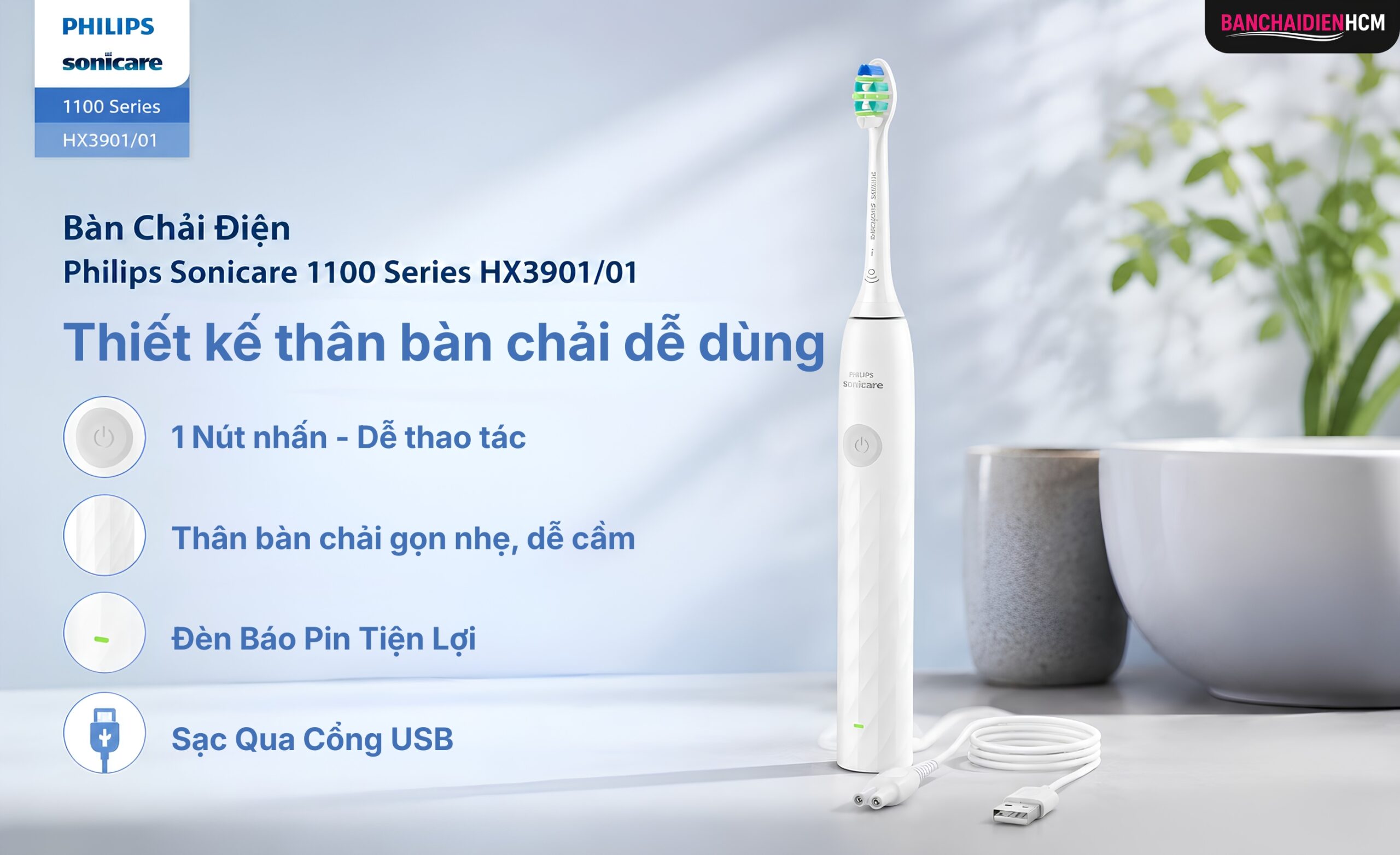 Thiết kế thân bàn chải nhỏ gọn, dễ cầm