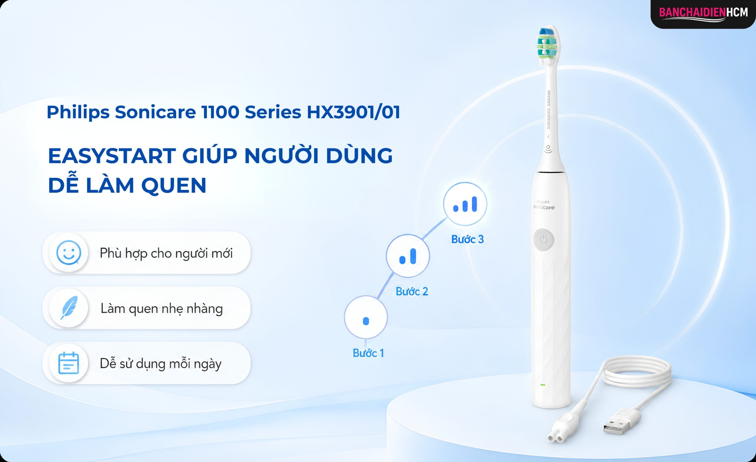 EasyStart giúp bàn chải tăng dần cường độ chải trong 14 lần chải đầu tiên