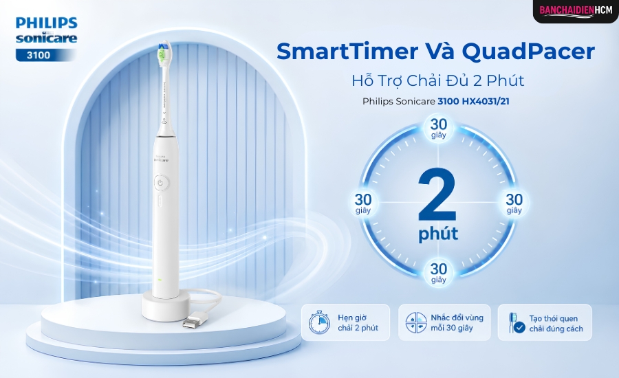 SmartTimer và QuadPacer giúp người dùng kiểm soát thời gian chải răng đủ 2 phút và chia đều thời gian cho 4 vùng trong khoang miệng