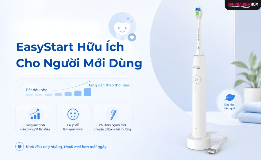 EasyStart hữu ích cho người mới vì tính năng này tăng dần cường độ trong 14 lần chải đầu tiên, giúp khoang miệng làm quen với bàn chải điện nhẹ nhàng hơn