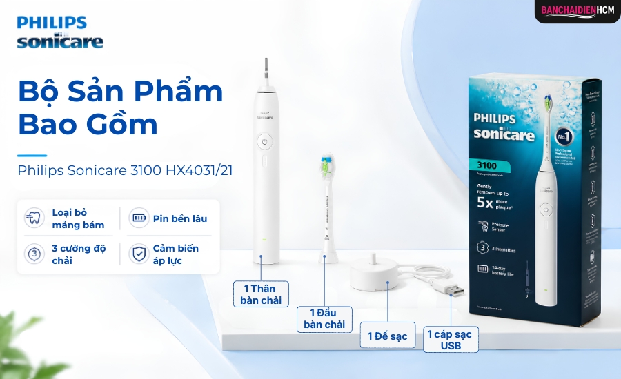 Bộ Sản Phẩm Philips Sonicare HX4031/21 Bao Gồm: 1 Thân Bàn Chải, 1 Đầu Bàn Chải, 1 Đế Sạc, 1 Cáp Sạc