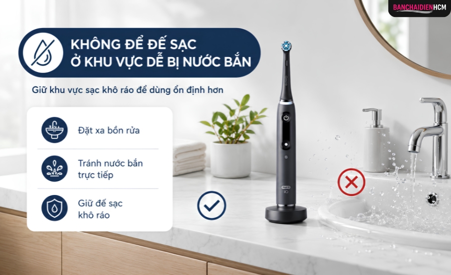 Đế sạc bàn chải điện nên được đặt ở nơi khô ráo, tránh sát vòi nước, vòi sen hoặc khu vực thường xuyên bị nước bắn