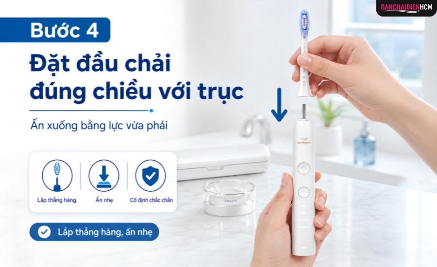 Đặt đầu chải đúng chiều với trục và ấn xuống bằng lực vừa phải. Khoảng hở nhỏ giữa đầu chải và thân máy có thể là thiết kế bình thường
