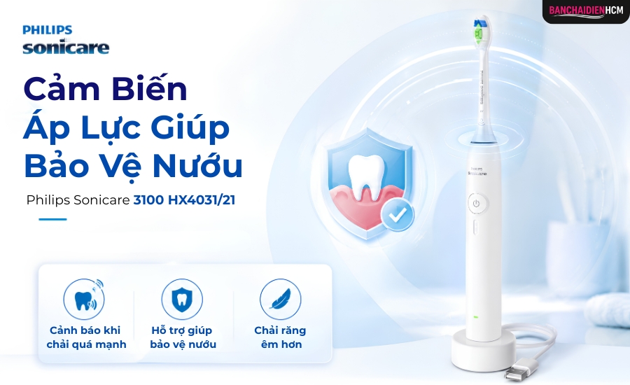 Cảm biến áp lực trên Philips Sonicare HX4031/21 nhận biết khi người dùng chải quá mạnh và phản hồi bằng rung nhẹ để nhắc giảm lực