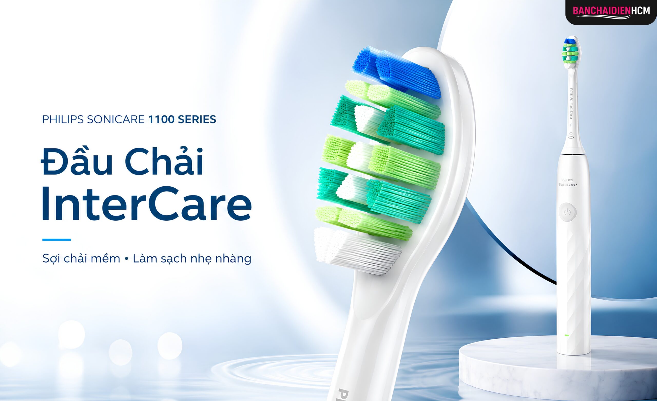 Đầu chải là lông chải InterCare không chỉ làm sạch bề mặt răng mà còn hỗ trợ đưa chuyển động vào các khoảng hẹp giữa răng