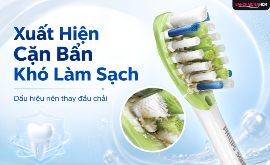 Cặn kem đánh răng thường bám quanh chân lông, mặt sau đầu chải và vị trí tiếp giáp giữa đầu chải với thân máy