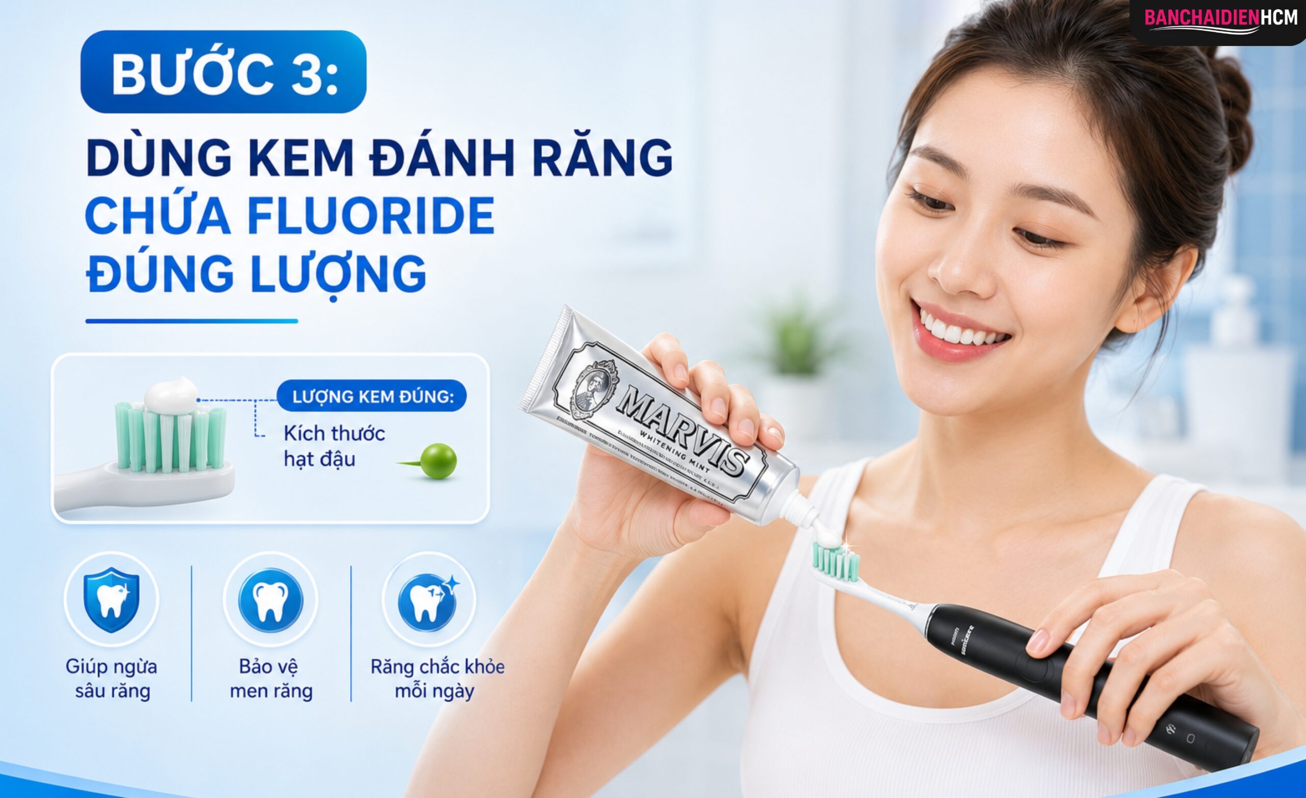 Chọn kem có fluoride và dùng đúng lượng theo tuổi là bước bảo vệ men răng