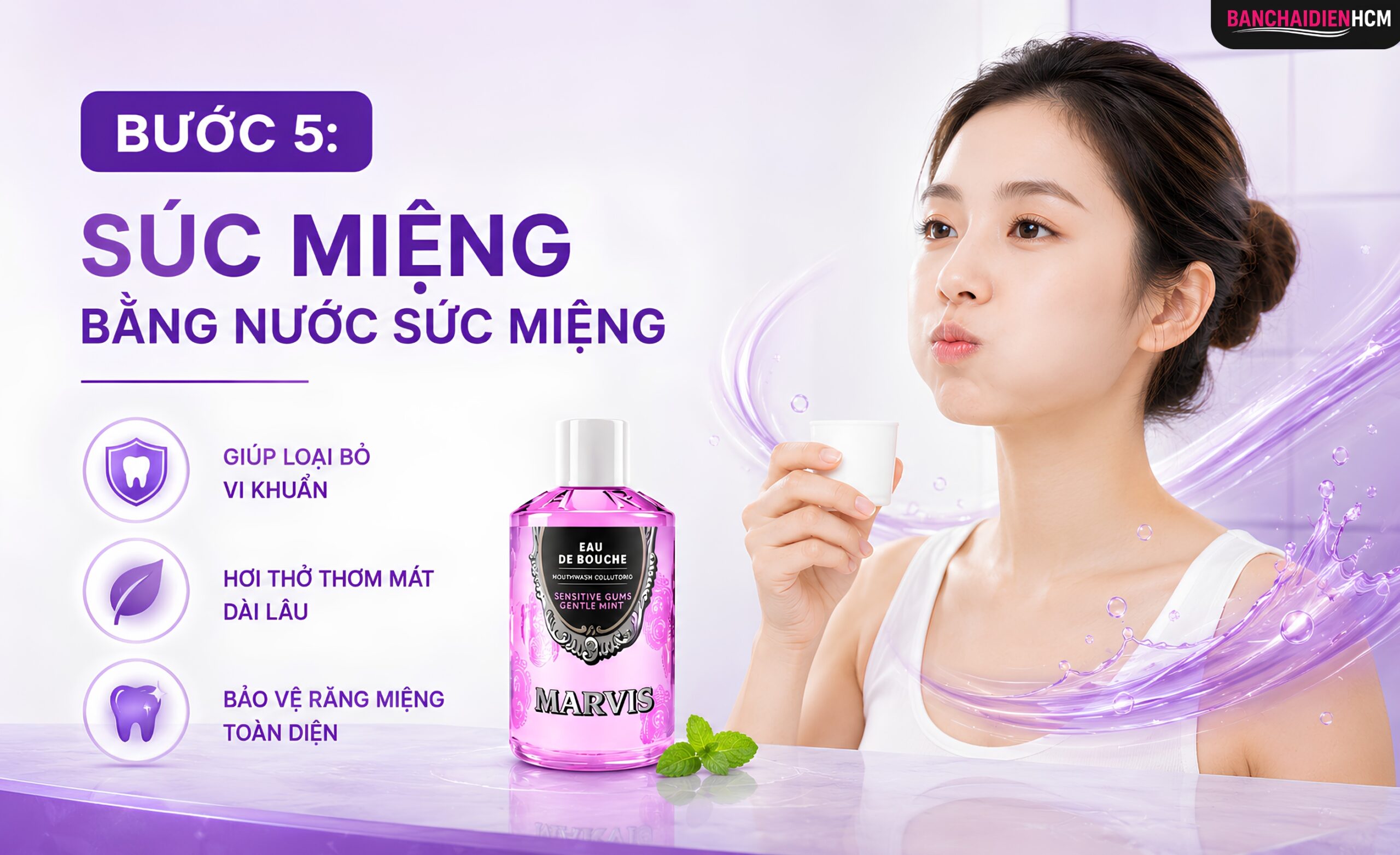 Nước súc miệng kháng khuẩn hỗ trợ làm sạch vùng khó chải, nhưng dùng đúng thời điểm mới giữ được lợi ích của fluoride