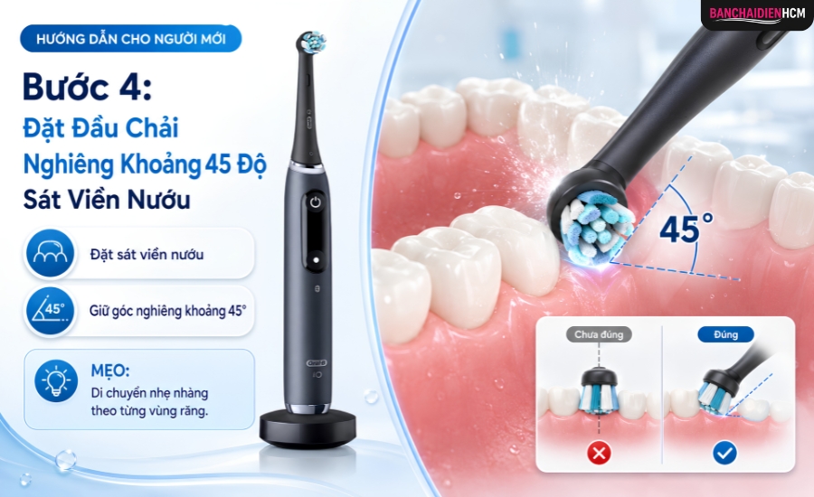 Bước 4: Đặt Đầu Chải Nghiêng Khoảng 45 Độ Sát Viền Nướu