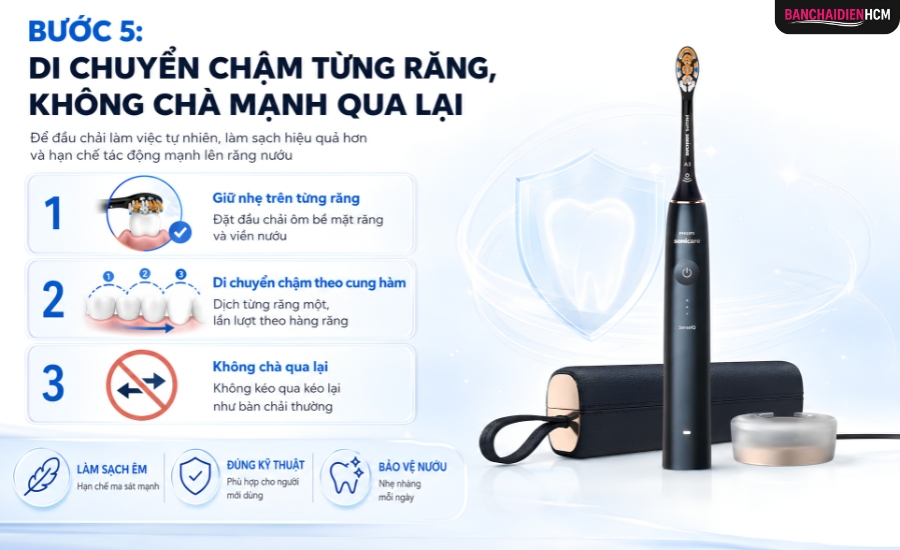 Bước 5: Di Chuyển Chậm Từng Răng, Không Chà Mạnh Qua Lại
