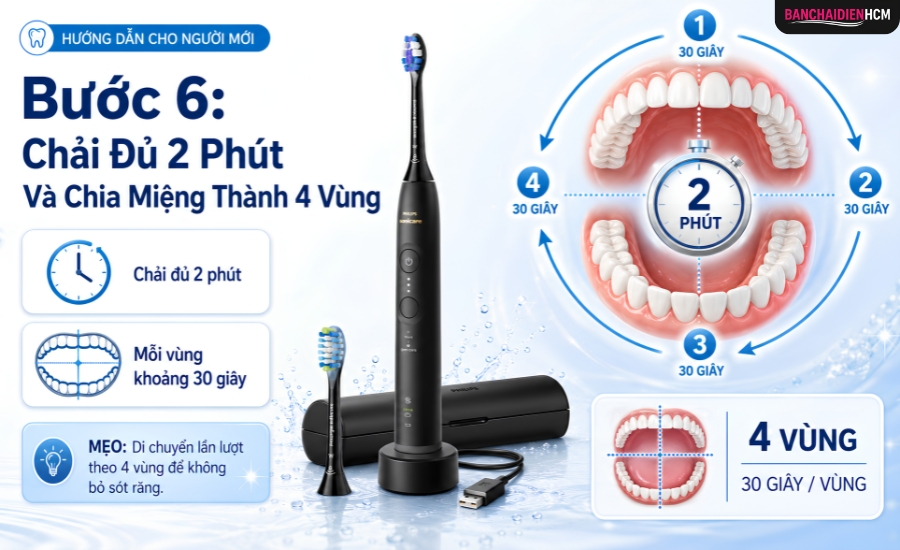 Bước 6: Chải Đủ 2 Phút Và Chia Miệng Thành 4 Vùng