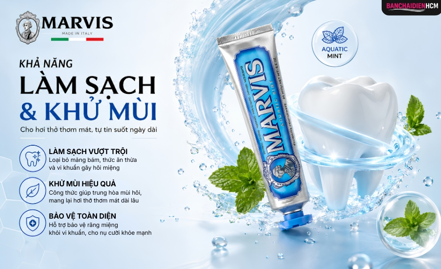Marvis làm sạch mảng bám và khử mùi tốt, đây là tiêu chí Marvis thể hiện rõ nhất. Silica và nhôm hydroxit lấy mảng bám