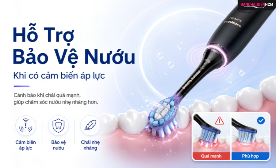 Một số bàn chải điện có cảm biến áp lực để nhắc người dùng khi ấn quá mạnh từ đó giúp bảo vệ nướu