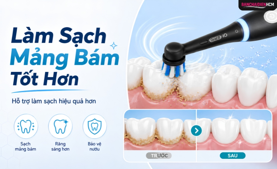 Bàn chải điện hỗ trợ làm sạch mảng bám tốt hơn nhờ chuyển động xoay, rung hoặc sóng âm của đầu chải