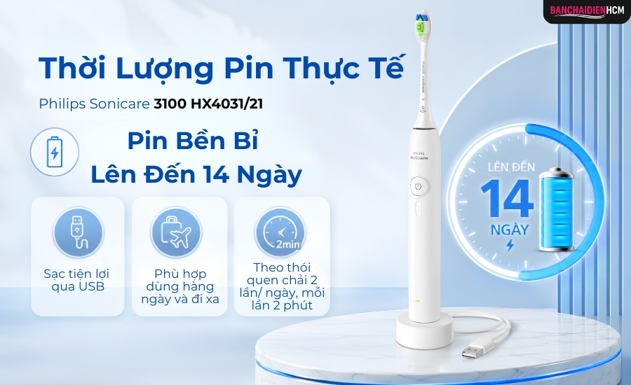 Thời lượng pin đến 14 ngày với thói quen chải răng 2 lần mỗi ngày, mỗi lần 2 phút