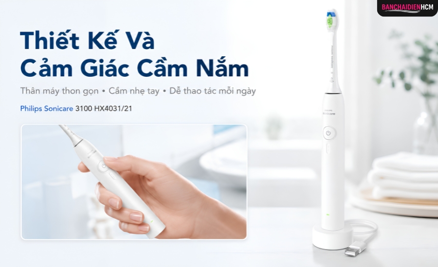 Thân bàn chải Philips 3100 mảnh, màu trắng tối giản, và kiểu dáng dễ cầm cho thói quen chải răng mỗi ngày