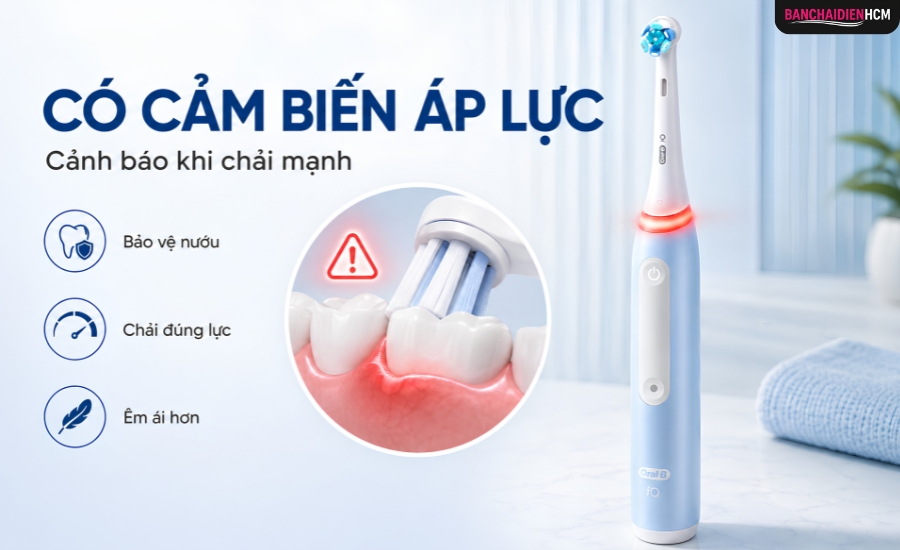 Cảm biến áp lực là tính năng cần ưu tiên hàng đầu cho nướu nhạy cảm. Bộ phận này cảnh báo bằng đèn hoặc rung khi bạn ấn bàn chải quá mạnh vào răng và nướu