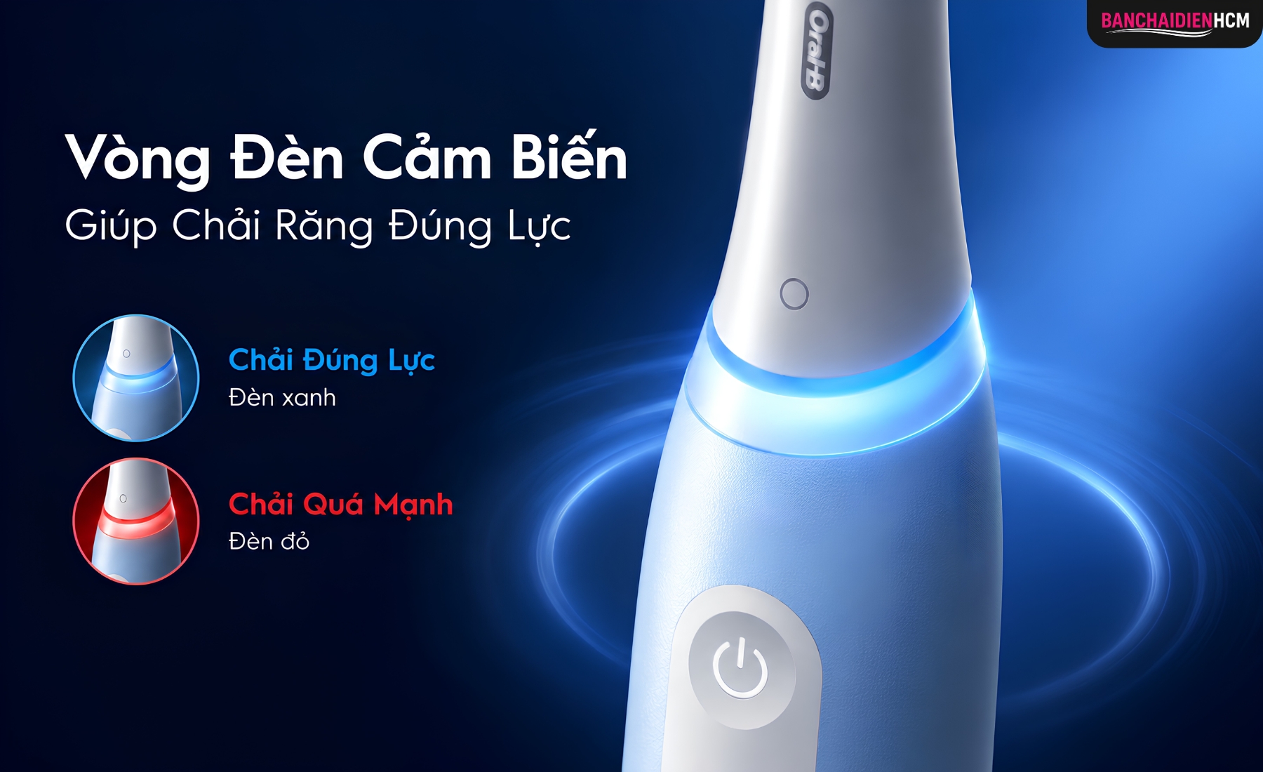 Hệ thống đèn LED trên Oral B iO Series 3 sẽ hiển thị màu đỏ khi lực chải quá mạnh và chuyển sang màu xanh khi lực tác động phù hợp