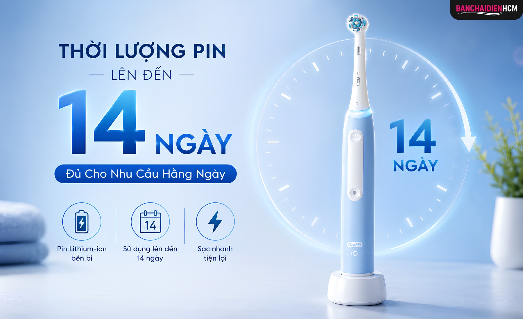 Thời lượng pin của Oral B iO Series 3 sử dụng khoảng 14 ngày nếu đánh răng 2 lần mỗi ngày, mỗi lần 2 phút theo khuyến nghị của nha sĩ