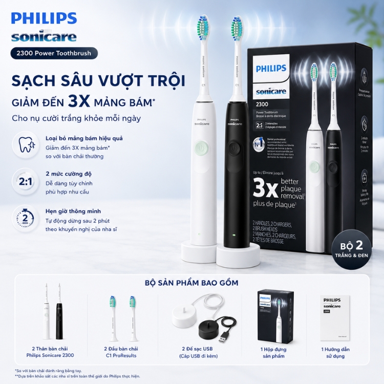 Set 2 Bàn Chải Điện Philips Sonicare 2300 Đen Trắng Chính Hãng